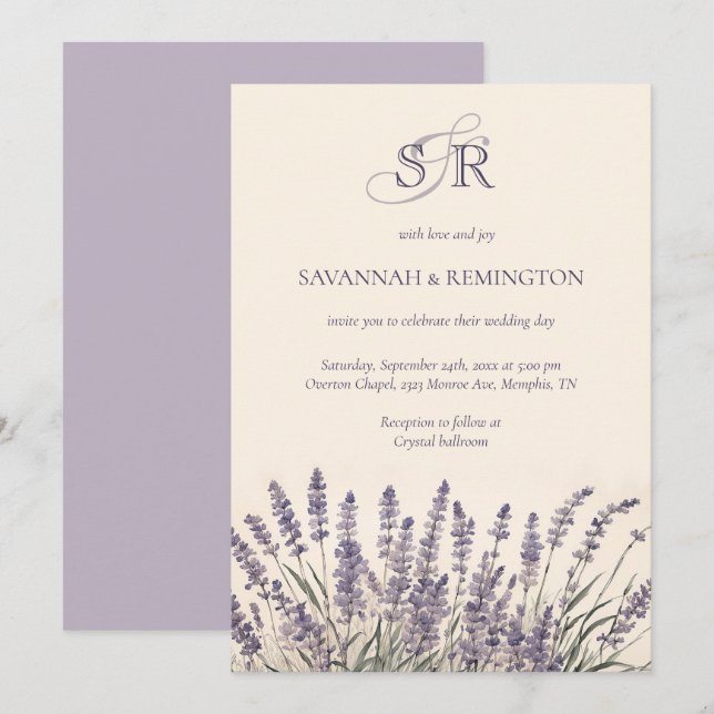 Invitación Elegante Boda Monogramado Floral de Lavanda (Anverso / Reverso)