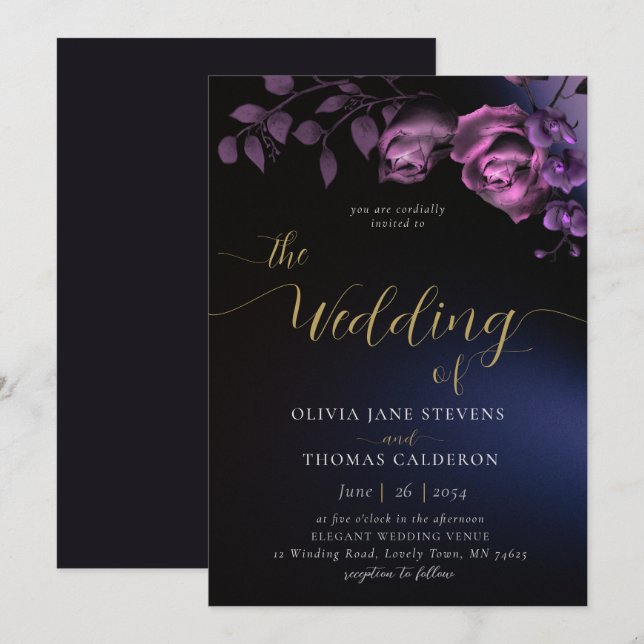 Invitación Elegante Boda Moody Black Purple Floral (Anverso / Reverso)