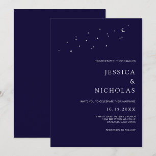 Invitación Elegante Boda Moon & Stars Midnight Blue
