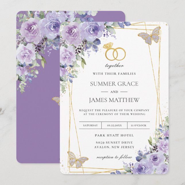Invitación Elegante Boda Morada Mariposas Florales Lilac (Anverso / Reverso)