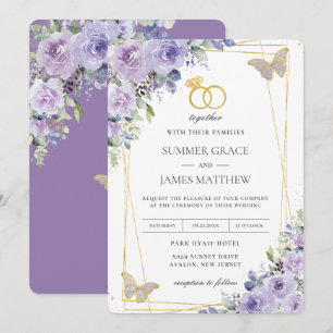 Invitación Elegante Boda Morada Mariposas Florales Lilac