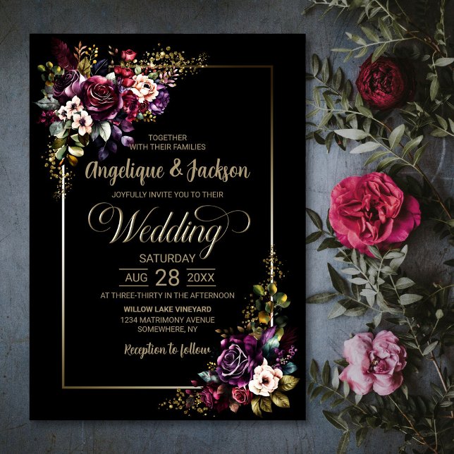 Invitación Elegante Boda morado borgoña negro floral (Subido por el creador)