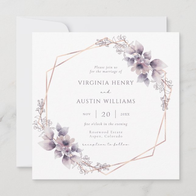 Invitación Elegante Boda morado floral (Anverso)