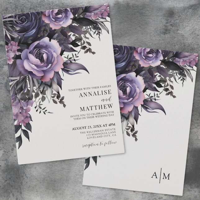 Invitación Elegante Boda morado negro floral (Elegant Purple Black Floral Wedding Invitation)