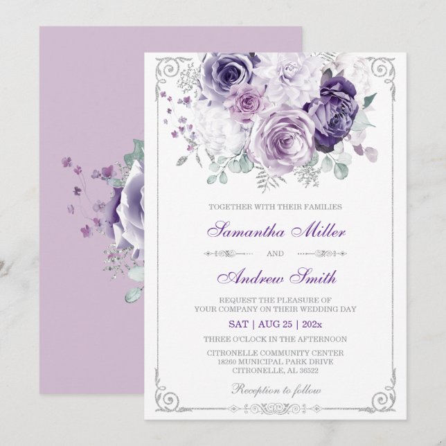 Invitación Elegante Boda morado y plateado (Anverso / Reverso)