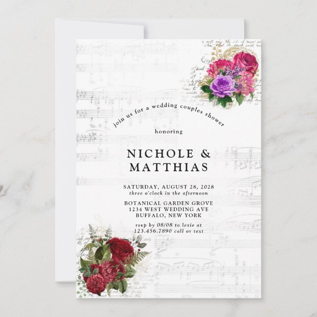 Invitación Elegante Boda Musical Floral Ducha de Parejas (Anverso)