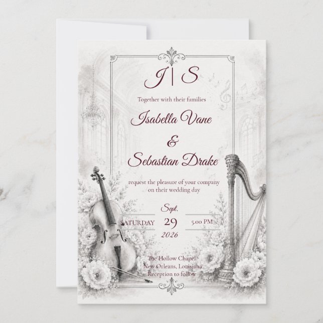 Invitación Elegante Boda Musical Monocroma (Anverso)
