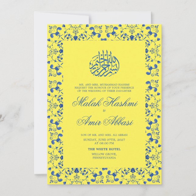 Invitación Elegante Boda musulmán amarillo y azul (Anverso)