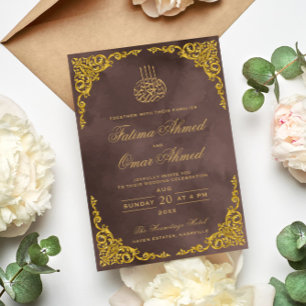 Invitación Elegante Boda musulmán beige de la frontera dorada