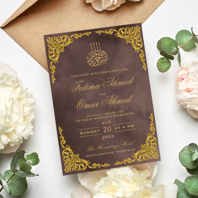 Invitación Elegante Boda musulmán beige de la frontera dorada (Subido por el creador)