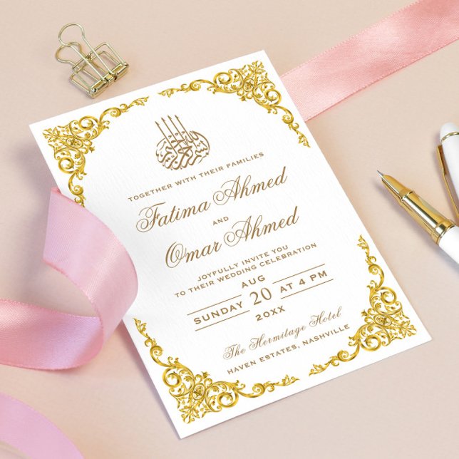 Invitación Elegante Boda musulmán blanco de la frontera dorad (Subido por el creador)