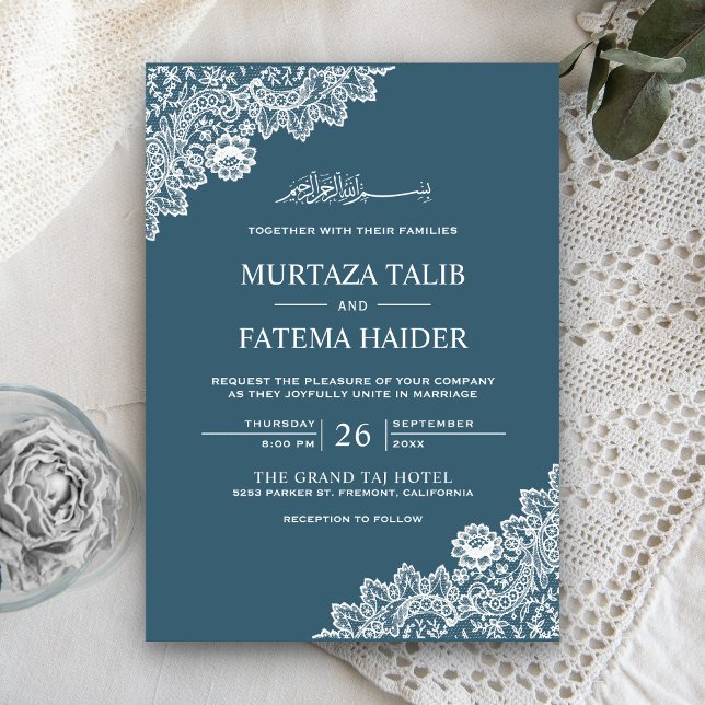 Invitación Elegante Boda musulmán de encaje azul y blanco (Subido por el creador)