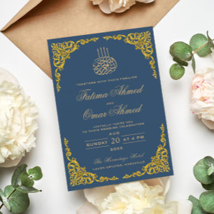 Invitación Elegante Boda musulmán de la frontera dorada azul