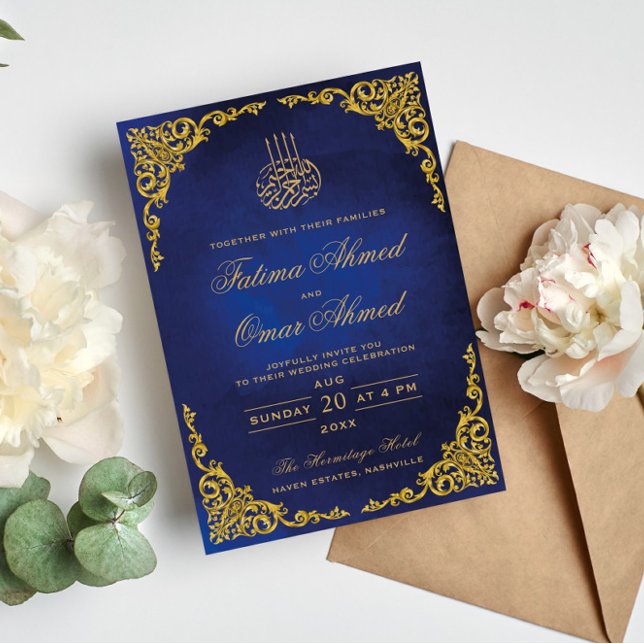 Invitación Elegante Boda musulmán de la frontera dorada azul (Subido por el creador)