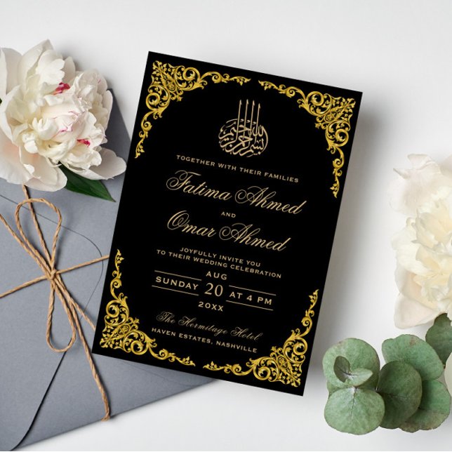 Invitación Elegante Boda musulmán de la frontera dorada negra (Subido por el creador)
