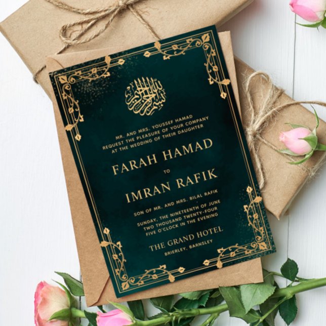 Invitación Elegante Boda musulmán de la frontera dorada verde (Subido por el creador)