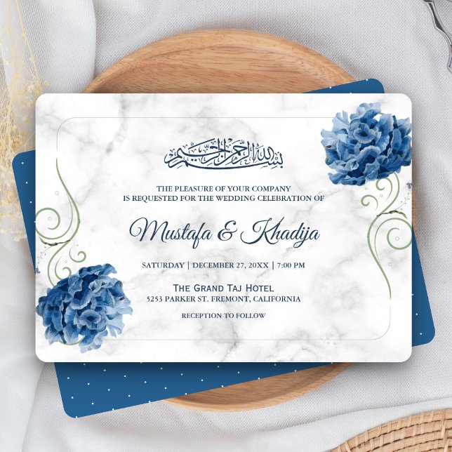 Invitación Elegante Boda musulmán de mármol floral azul (Subido por el creador)