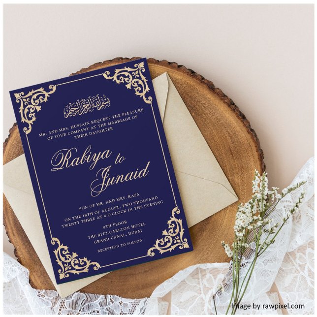 Invitación Elegante Boda musulmán del oro azul (Subido por el creador)