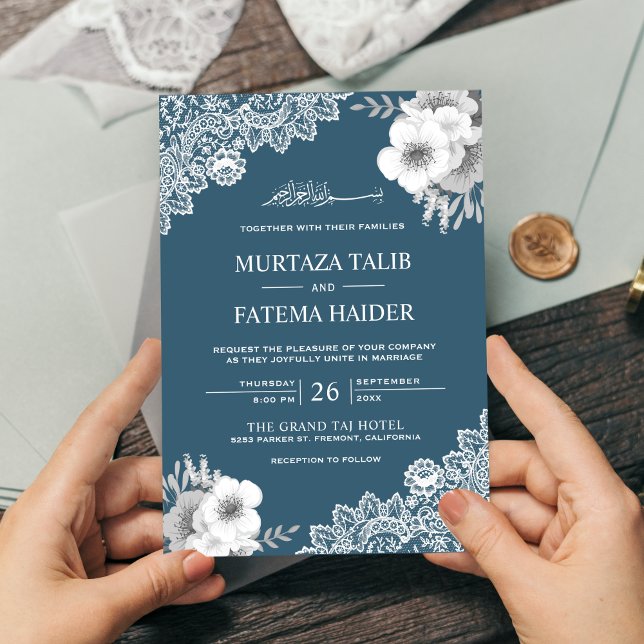 Invitación Elegante Boda musulmán floral azul de encaje islám (Subido por el creador)