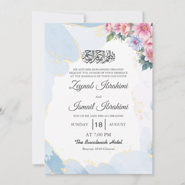 Invitación Elegante Boda musulmán floral azul islámico (Anverso)