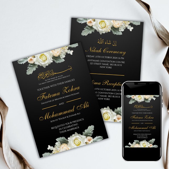 Invitación Elegante Boda musulmán floral blanco (Subido por el creador)