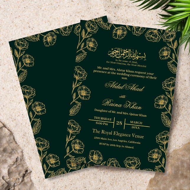 Invitación Elegante Boda musulmán floral de oro esmeralda (Subido por el creador)