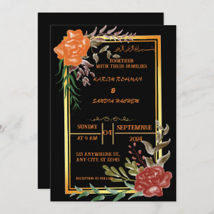 Invitación Elegante Boda musulmán floral negro y dorado invit