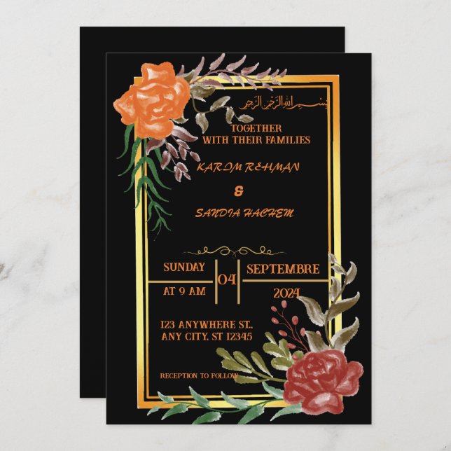 Invitación Elegante Boda musulmán floral negro y dorado invit (Anverso / Reverso)