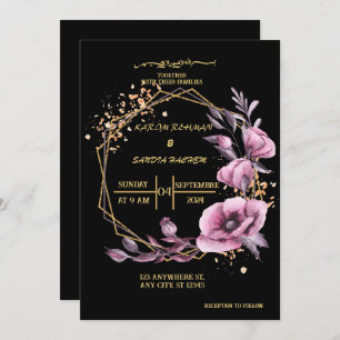 Invitación Elegante Boda musulmán floral negro y dorado invit