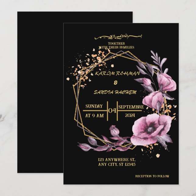 Invitación Elegante Boda musulmán floral negro y dorado invit (Anverso / Reverso)