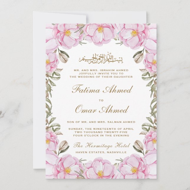 Invitación Elegante Boda musulmán floral rosa de Rubor (Anverso)