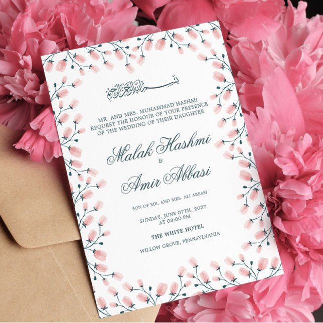 Invitación Elegante Boda musulmán floral rosada (Subido por el creador)