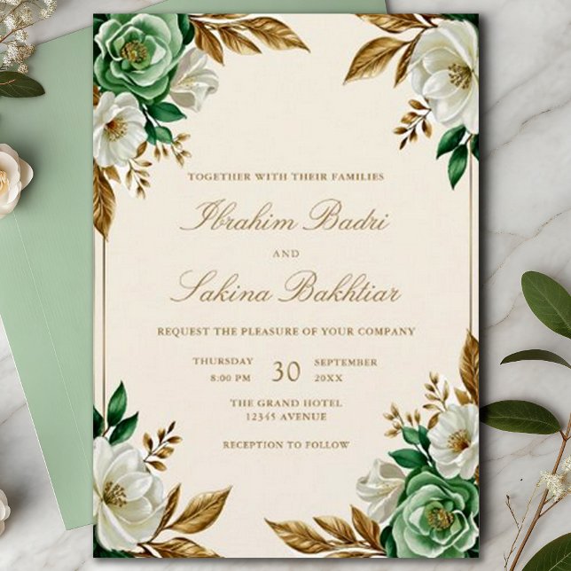 Invitación Elegante Boda musulmán floral verde esmeralda (Subido por el creador)