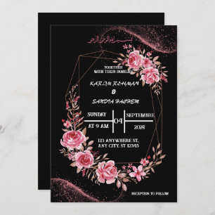 Invitación Elegante Boda musulmán florido blanco y negro