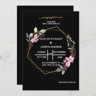 Invitación Elegante Boda musulmán florido blanco y negro