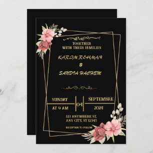 Invitación Elegante Boda musulmán florido negro y dorado