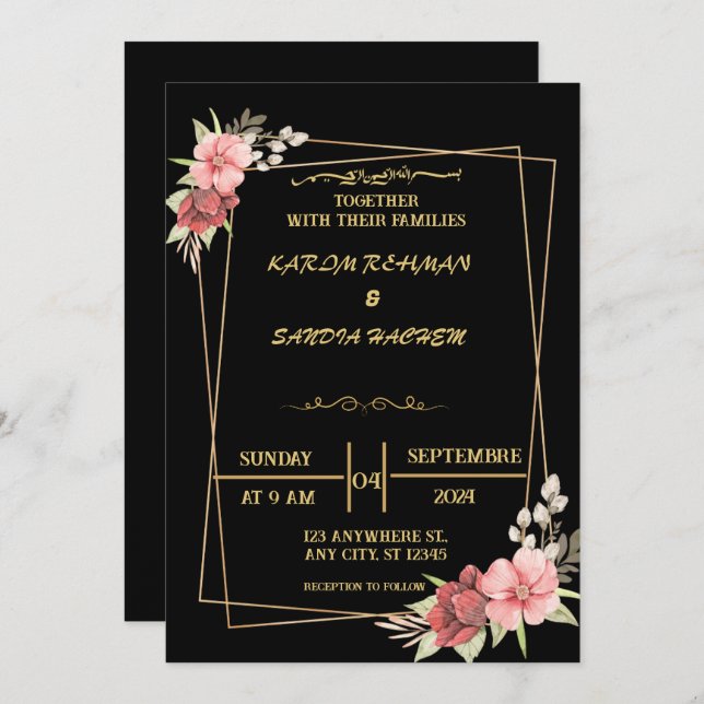 Invitación Elegante Boda musulmán florido negro y dorado (Anverso / Reverso)