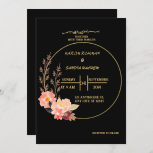 Invitación Elegante Boda musulmán florido negro y dorado
