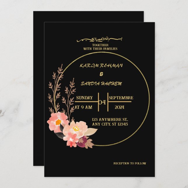 Invitación Elegante Boda musulmán florido negro y dorado (Anverso / Reverso)