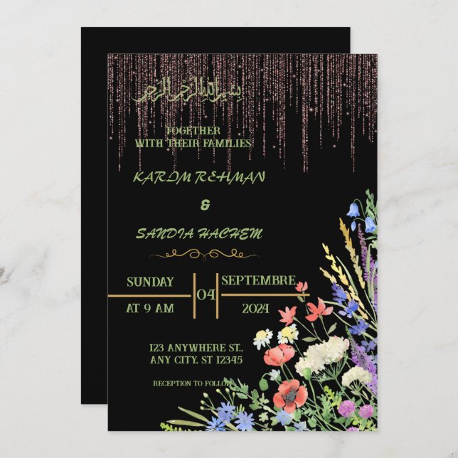 Invitación Elegante Boda musulmán florido negro y dorado (Anverso / Reverso)