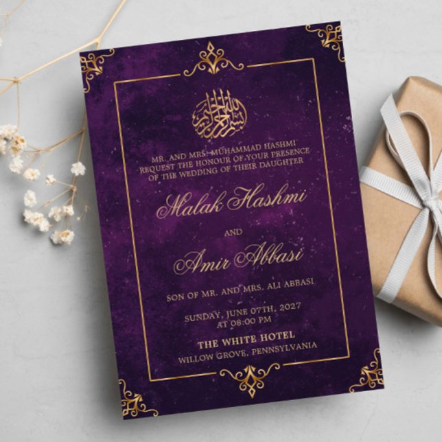 Invitación Elegante boda musulmán morado de oro (Subido por el creador)