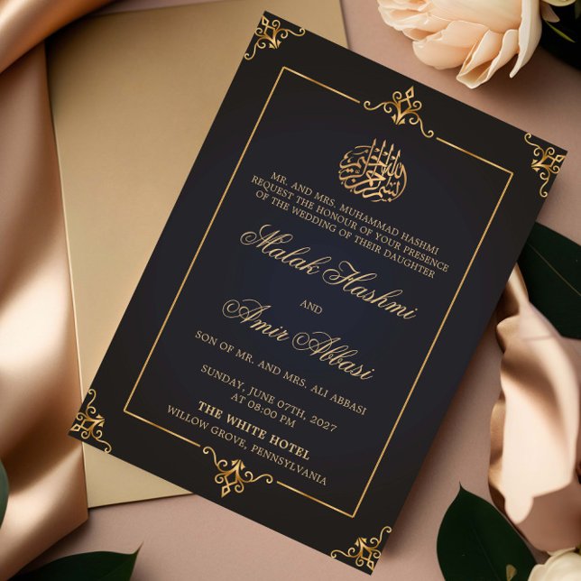 Invitación Elegante boda musulmán negro de oro (Subido por el creador)