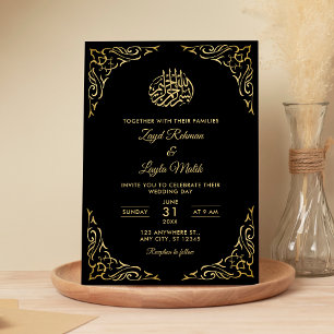 Invitación Elegante Boda musulmán negro y árabe de oro