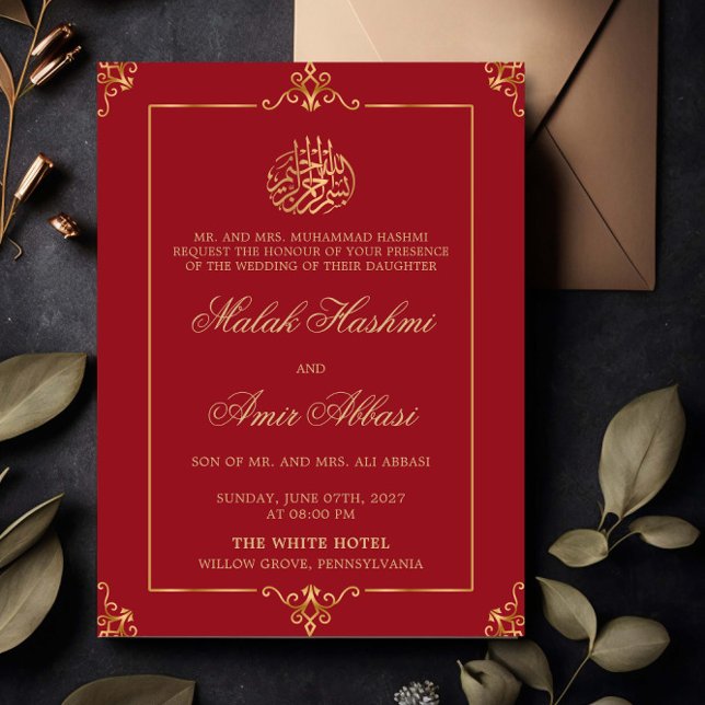 Invitación Elegante Boda musulmán rojo dorado (Subido por el creador)