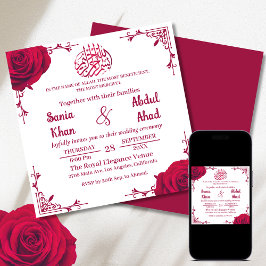 Invitación Elegante Boda musulmán rosa rojo floral islámico