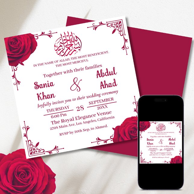 Invitación Elegante Boda musulmán rosa rojo floral islámico (Subido por el creador)