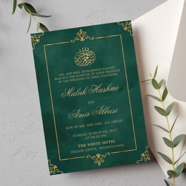 Invitación Elegante boda musulmán verde dorado (Subido por el creador)