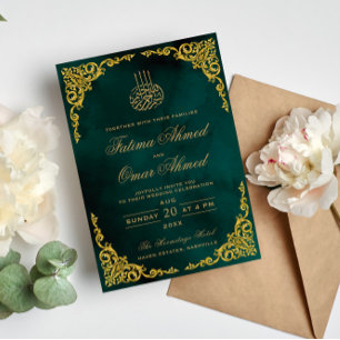 Invitación Elegante Boda Musulmana Islámica Verde con Borde d