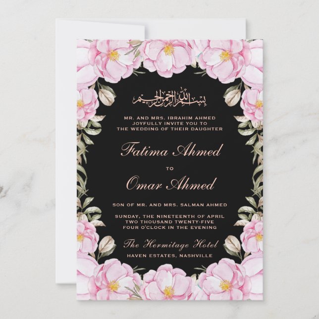 Invitación Elegante Boda musulmana rosa floral negra de Rubor (Anverso)