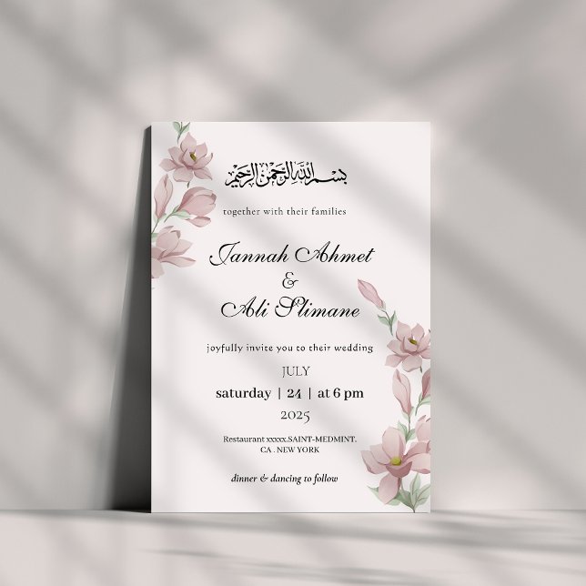Invitación Elegante Boda musulmana rosa suave de Magnolia flo (Subido por el creador)